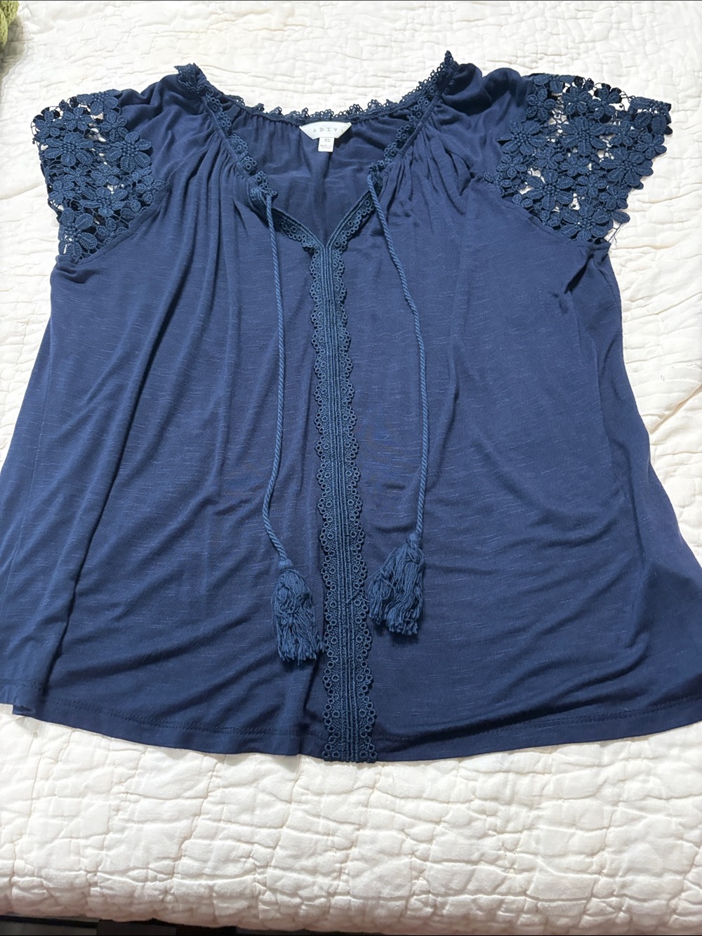 Adiva Navy Crochet-Sleeve Tassel Tie Tunic Top